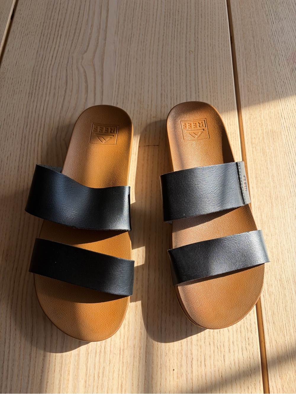 Reef Women's Black and Tan Double Strap Slide Sandals